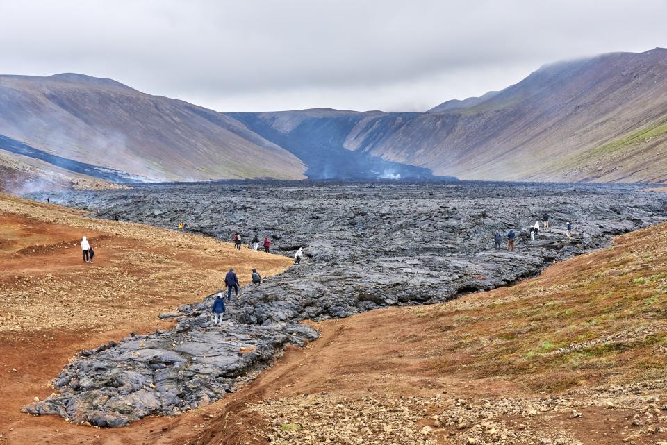 The Mt. Fagradalsfjall hiking trails (pictured above in 2021) reopened in June 2024. Visitors can hike to previous eruption sites, including Selatangar, Húshólma, and Krýsuvíkurbjarg.