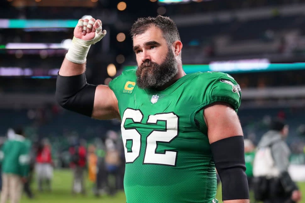 PHILADELPHIA, PENNSYLVANIA - OCTOBER 22: Jason Kelce #62 of the Philadelphia Eagles reacts after the game against the Miami Dolphins at Lincoln Financial Field on October 22, 2023 in Philadelphia, Pennsylvania. 
