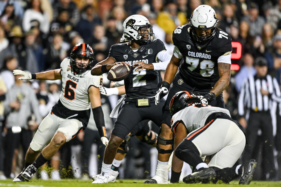 BOULDER, CO - NOVEMBER 4: Shedeur Sanders #2 of the Colorado Buffaloes passes the football in the first quarter against the Oregon State Beavers at Folsom Field on November 4, 2023 in Boulder, Colorado. (Photo by Dustin Bradford/Getty Images)