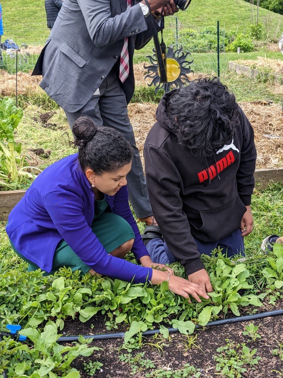 Healthy Foods for Healthy Kids and William C. Lewis Dual Language Elementary School celebrate the students’ first spring harvest at the Rodney Reservoir Community Garden in Wilmington, Delaware, on May 4, 2023. The partnership has created an "outdoor classroom" experience for students of the magnet elementary school.