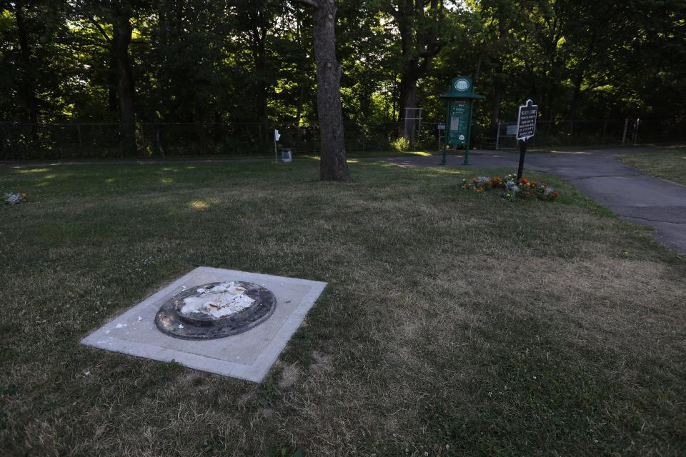 The statue of Frederick Douglass was found vandalized in Maplewood Park in Rochester, NY over the July 4 weekend.  Rochester police found the statue leaning against a nearby fence.  All that remains on Monday, July 6 2020 is the base with the outline of  the feet of the statue.  This site also includes Kelsey's Landing, a part of the Underground Railroad, where Douglass, Harriet Tubman and others helped slaves get to freedom via the Genesee River located below adjacent gorge.