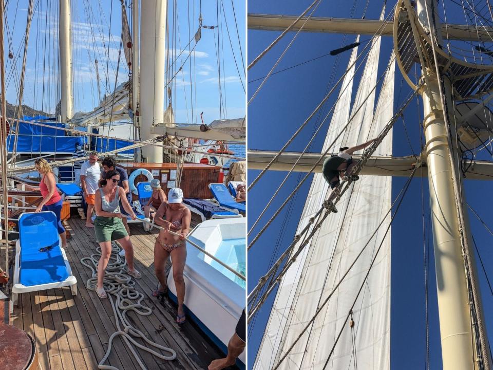 The author hoisting the sails (L) and climbing one of the ship's masts (R), Laura Kinniry, "I went on a tall sailing ship in the French Riviera for a week and felt transported to a bygone era."