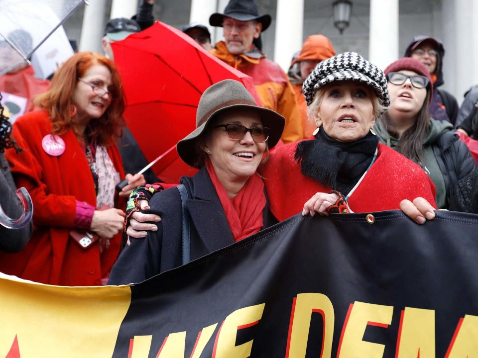 Sally Field and Jane Fonda demonstrate on the steps of Capitol Hill during the latest &quot;Fire Drill Friday&quot; climate change protest in Washington on 13 December 2019: John Lamparski/Getty
