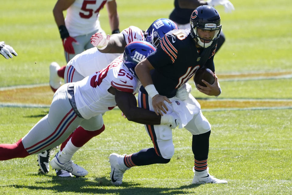 New York Giants linebacker Lorenzo Carter (59) sacks Chicago Bears quarterback Mitchell Trubisky (10) during the first half of an NFL football game in Chicago, Sunday, Sept. 20, 2020. (AP Photo/Nam Y. Huh)