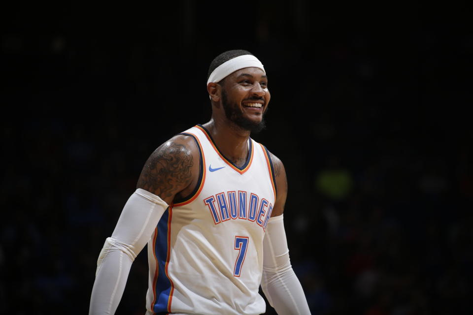Carmelo Anthony is happy to be with the Thunder. (Getty)
