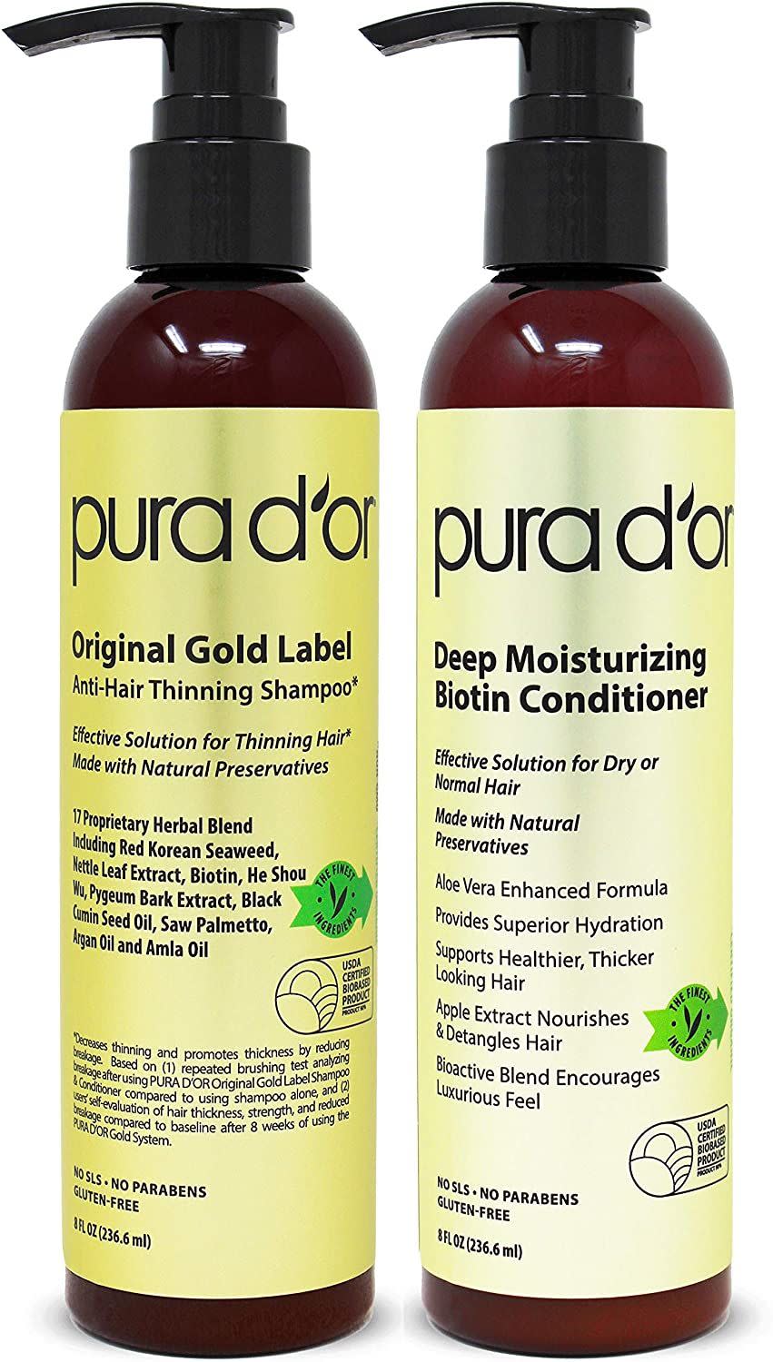 PURA D'OR Biotin Original Gold Label Anti-Thinning (2 x 8oz) Shampoo & Conditioner Set