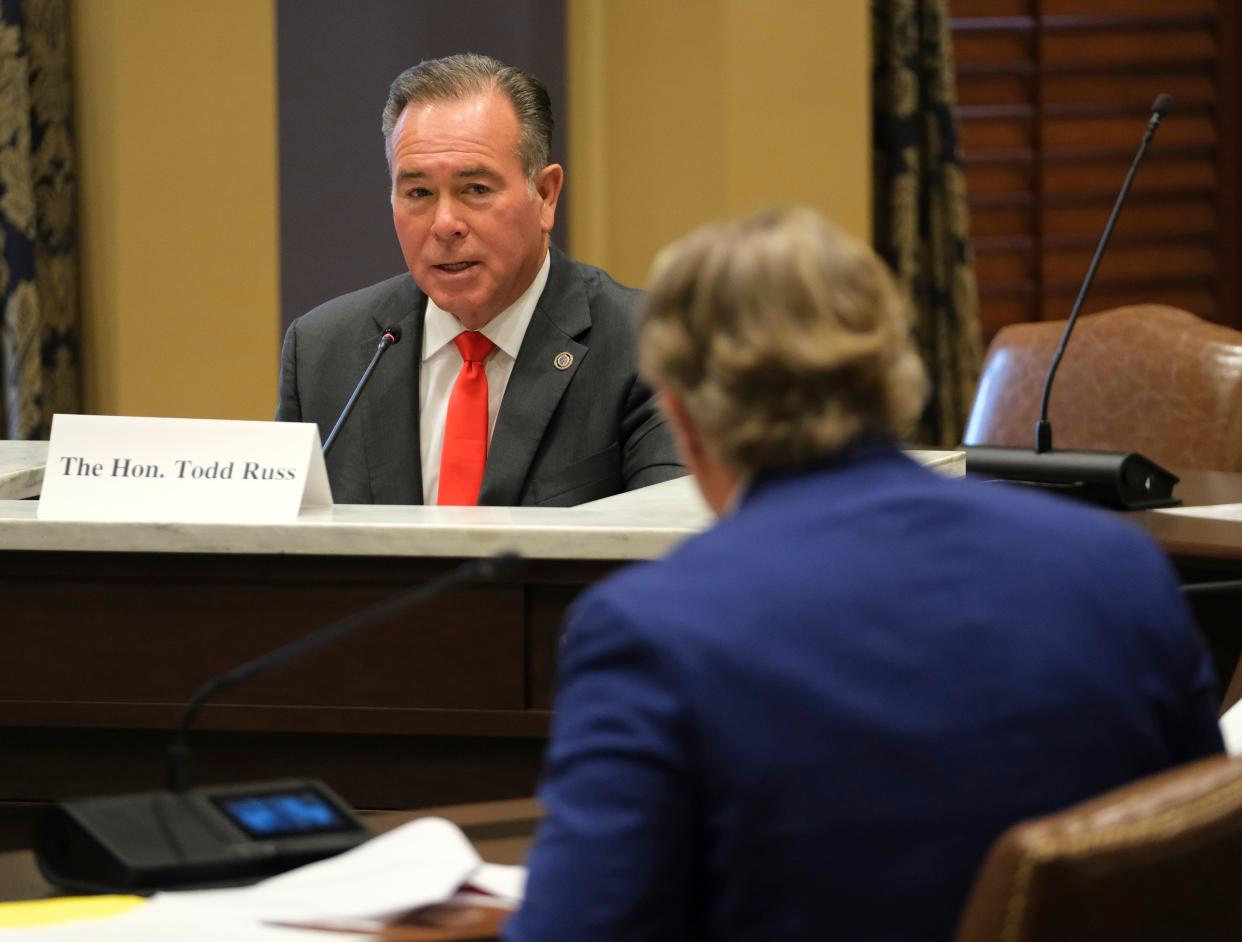 State Treasurer Todd Russ answers a question Oct. 3 from Senate Pro Tem Greg Treat at a Senate appropriations meeting.