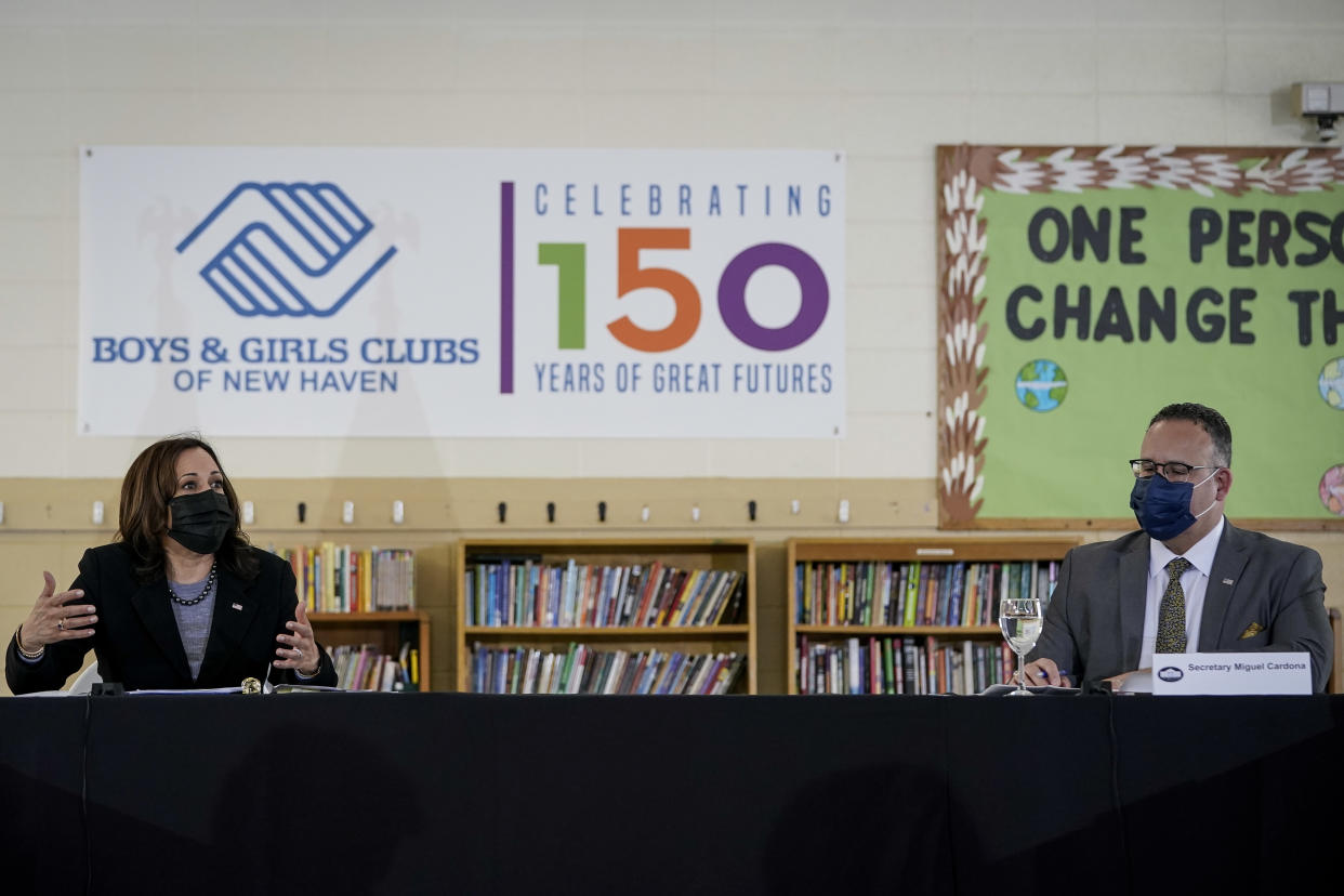 NEW HAVEN, CT - MARCH 26: (L-R)) U.S. Vice President Kamala Harris and Secretary of Education Miguel Cardona lead a roundtable session about reducing childhood poverty at the Boys and Girls Club of New Haven on March 26, 2021 in New Haven, Connecticut. Harris is traveling to New Haven, Connecticut to promote the Biden administration's recently passed $1.9 billion federal stimulus package. (Photo by Drew Angerer/Getty Images)