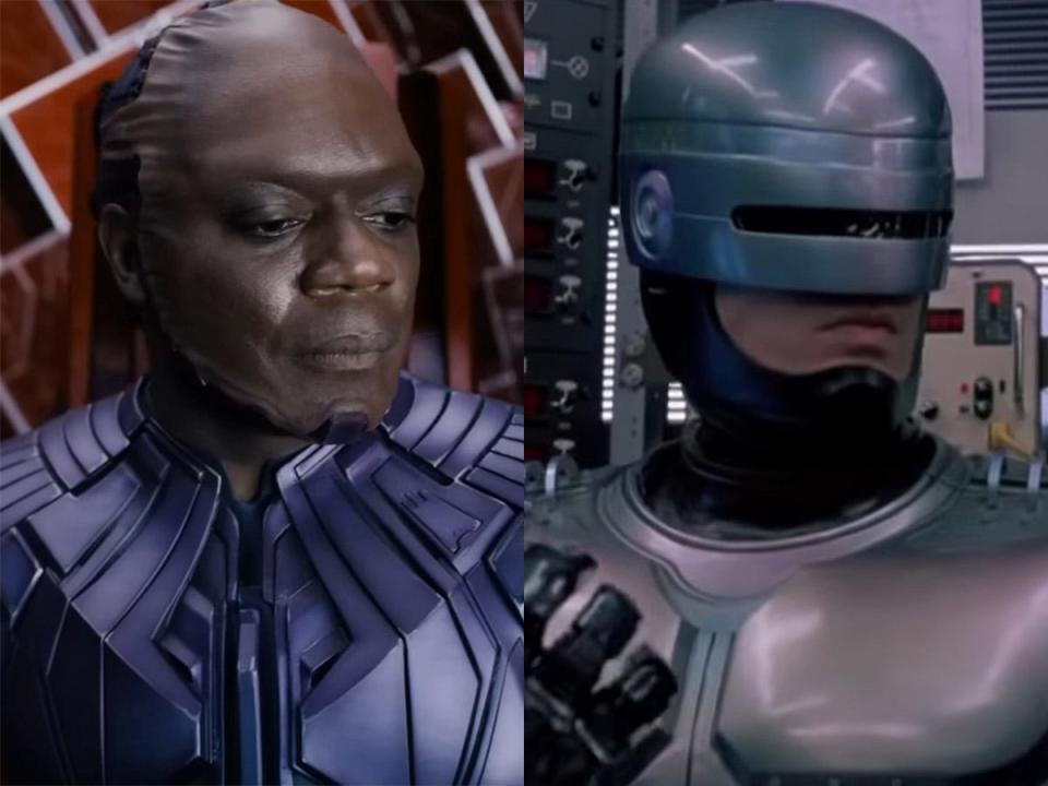 On the left: Chukwudi Iwuji as High Evolutionary in "Guardians of the Galaxy Vol. 3." On the right: Peter Weller as RoboCop in "RoboCop."