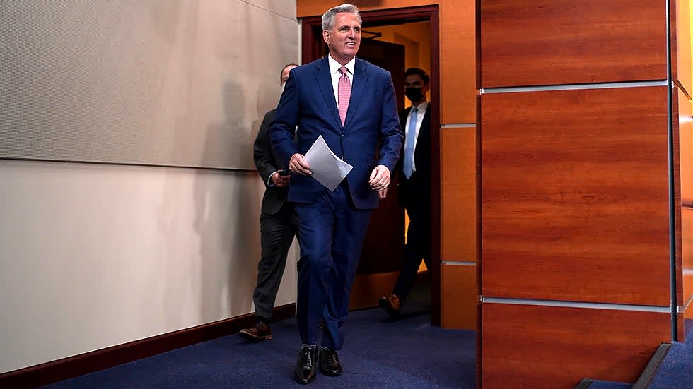 Minority Leader Kevin McCarthy (D-Calif.) arrives to his weekly on-camera press conference with reporters on Thursday, January 13, 2022.