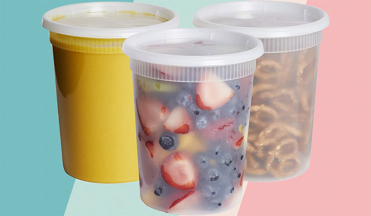 Three deli containers filled with fruit, pretzels and soup, on a pastel background