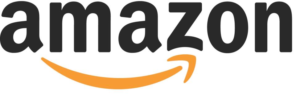 Amazon logo with orange upward-sloping curved arrow.