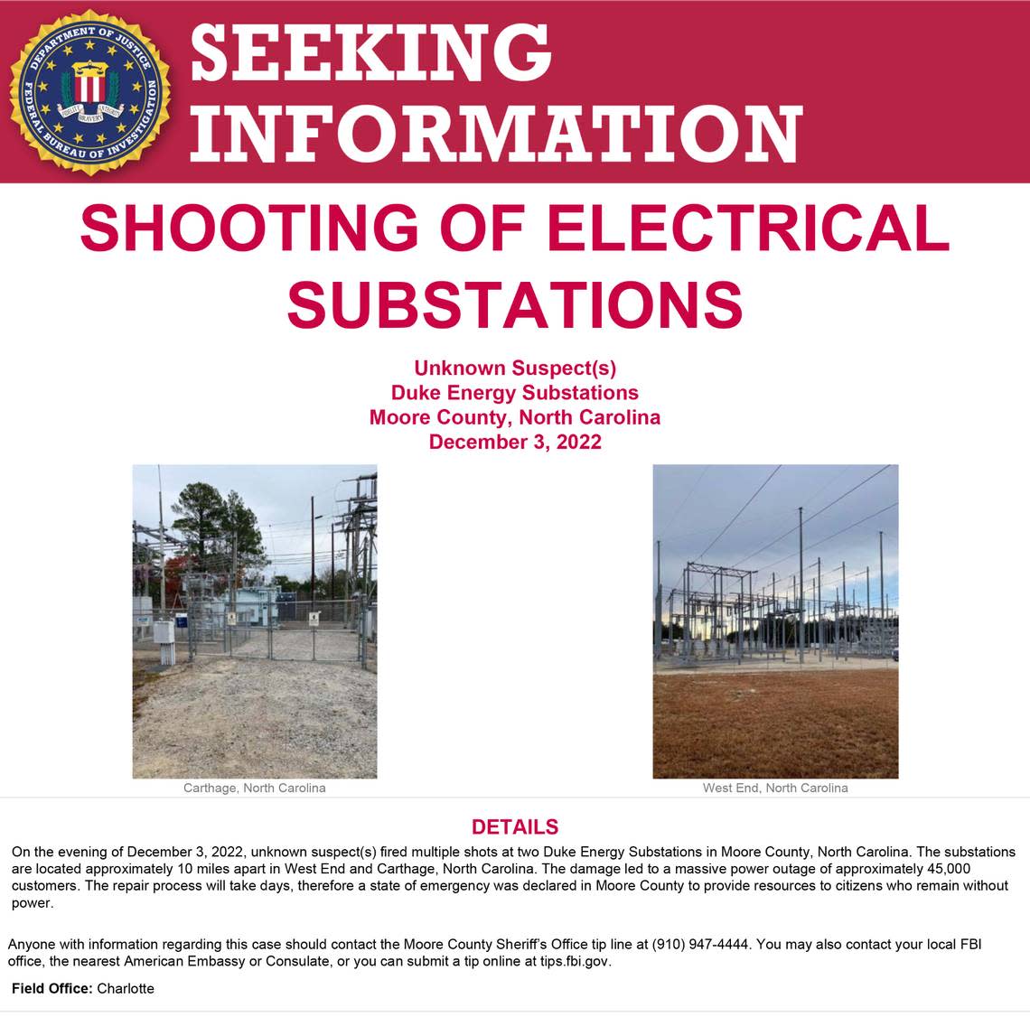 A poster released by the FBI seeing information or suspects of the shooting of electrical substations in Moore County.