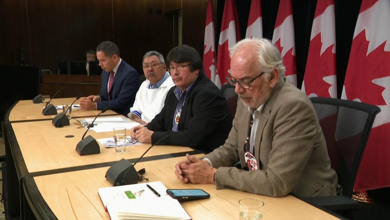 Inuit Tapiriit Kanatami President Natan Obed, Nunatsiavut President Johannes Lampe, Innu Nation Grand Chief Simon Pokue and Ghislain Picard, regional chief of Quebec and Labrador for the Assembly of First Nations, are in Ottawa this week to dispute an MOU signed between NunatuKavut and the federal government. (CBC - image credit)