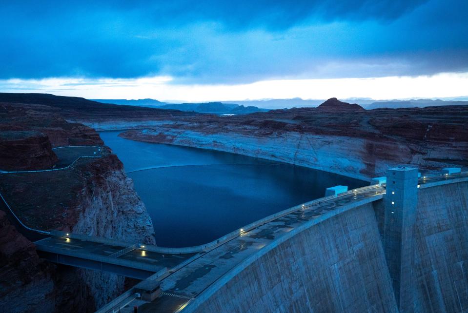 Glen Canyon Dam, April 24, 2023, Page, Arizona. Lake Powell is at 24% of capacity, 175 feet below its full elevation of 3,700 feet above sea level.