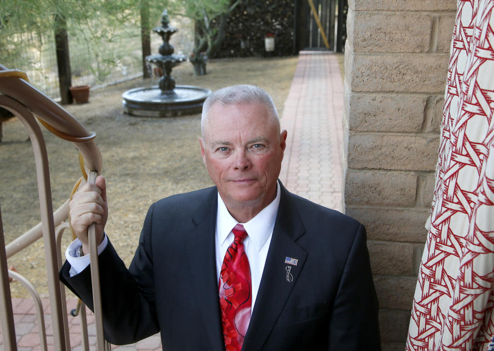 Long time law enforcement officer at the Maricopa County Sheriff's Office, Jerry Sheridan, is running for the position of Maricopa County Sheriff in the Republican primary, Wednesday, July 22, 2020, in Fountain Hills, Ariz. Former Maricopa County Sheriff Joe Arpaio is trying to win back the sheriff’s post in metro Phoenix that he held for 24 years. He faces his former second-in-command, Sheridan, in the Aug. 4 Republican primary in what has become his second comeback bid. (AP Photo/Ross D. Franklin)