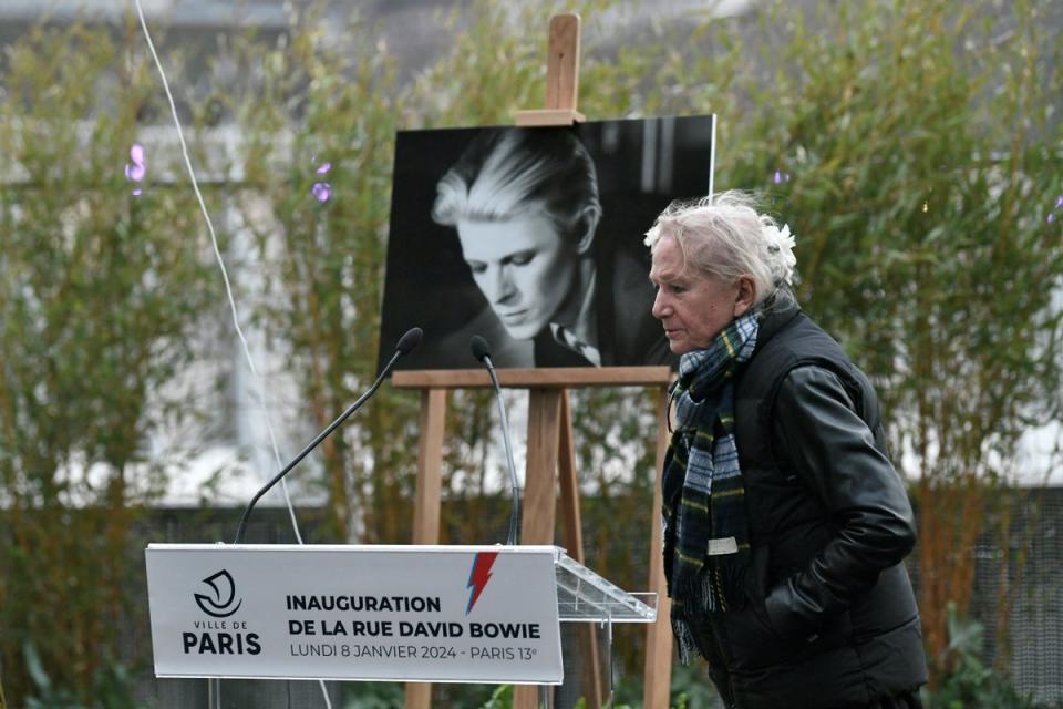 French fashion designer Agnes Trouble known for her fashion brand 'Agnes B.' delivered a speech during the inauguration of the street (STEPHANE DE SAKUTIN / AFP) (AFP via Getty Images)