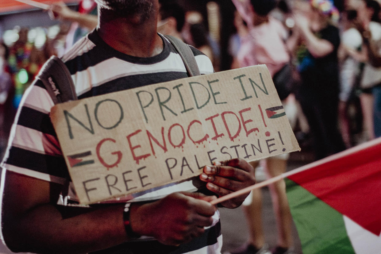 A sign in support of Palestine, seen at a Brooklyn Pride event in Park Slope on Saturday, June 8, 2024. (Laila Stevens/The New York Times)