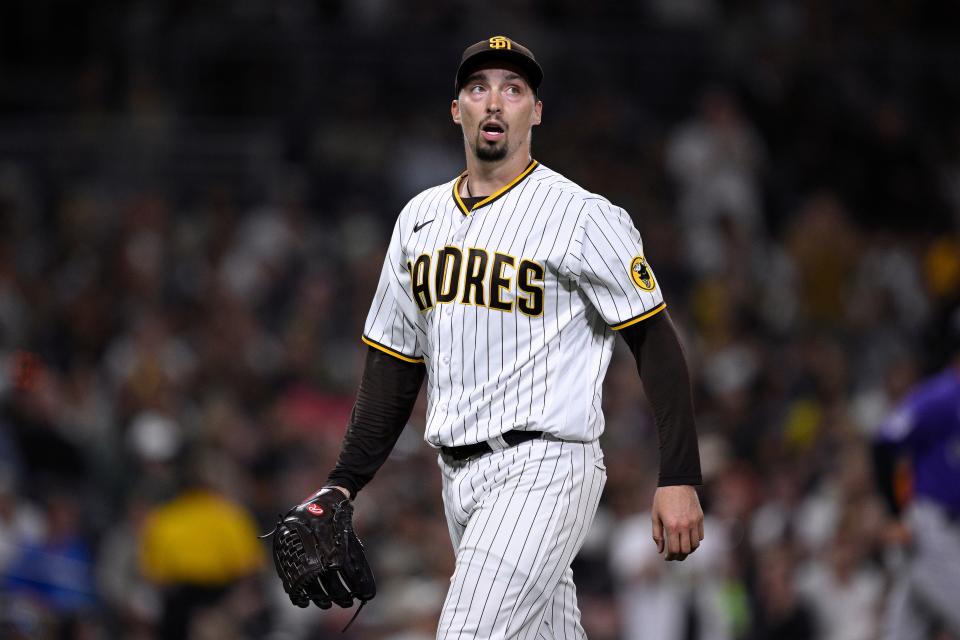 San Diego Padres starting pitcher Blake Snell (4) reacts after pitching the seventh inning against the Colorado Rockies at Petco Park.