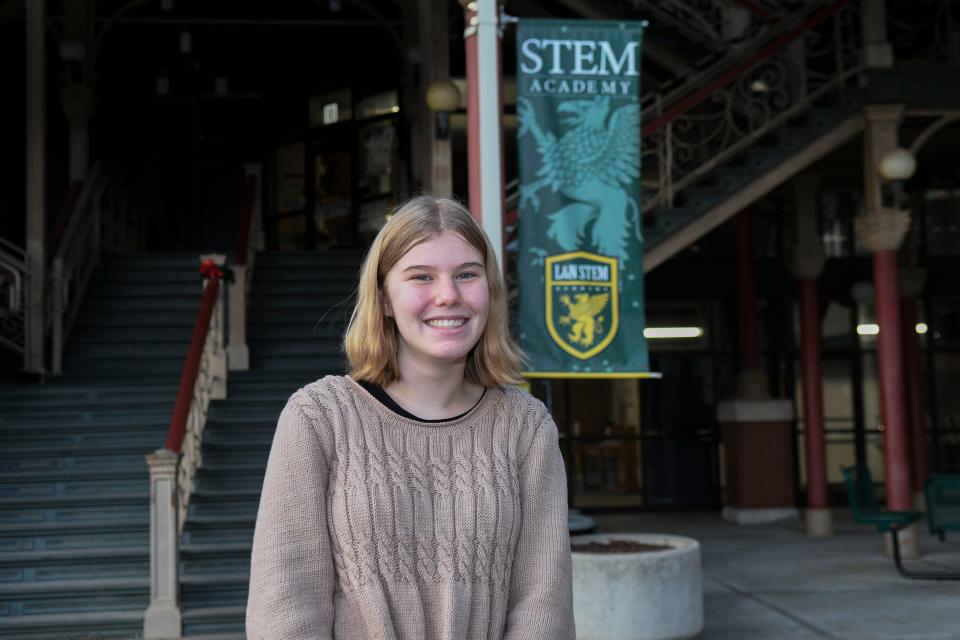 Jelena Rose Armsworth poses for a picture at L&N Stem Academy on Tuesday, Dec. 12, 2023. Armsworth won The Next Generation Angels Award for a documentary short film she did from The Better Angels Society.