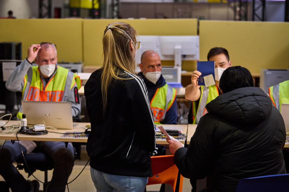 at the arrival center in the terminal of the former Berlin-Tegel airport on Nov. 9.<span class="copyright">snapshot-photography/F Boillot/ShutterstockUkrainian refugees register</span>