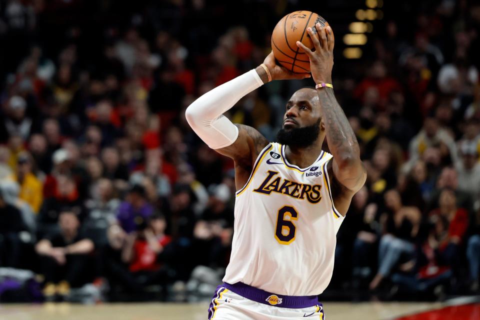 Los Angeles Lakers small forward LeBron James (6) shoots the ball during the first half against the Portland Trail Blazers at Moda Center.