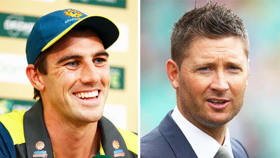 Michael Clarke (pictured right) during commentary and (pictured left) Pat Cummins during a press conference.