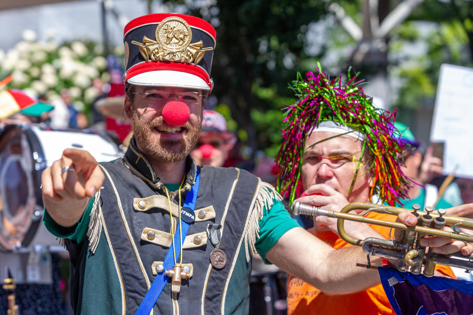 <p>Member of at the Unpresidented Brass Band takes part in a counterprotest to the Patriot Prayer Rally in downtown Portland, Ore.,, on Aug. 4, 2018. (Photo: Diego Diaz/Icon SMI via ZUMA Press) </p>