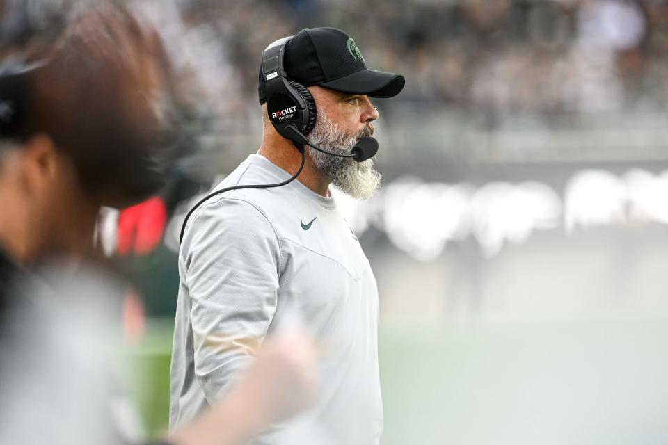 Michigan State's defensive coordinator Scottie Hazelton looks on during the second quarter in the game against Minnesota on Saturday, Sept. 24, 2022, at Spartan Stadium in East Lansing.