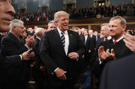 <p>President Donald Trump arrives on Capitol Hill in Washington, Tuesday, Feb. 28, 2017, for his address to a joint session of Congress. At right is Supreme Court Chief Justice John Roberts. (Jim Lo Scalzo/Pool Image via AP) </p>