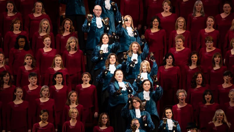 The Tabernacle Choir at Temple Square and Bells at Temple Square perform during a taping for the “Christmas With the Tabernacle Choir” television special at the Conference Center in Salt Lake City on Dec. 17, 2021.