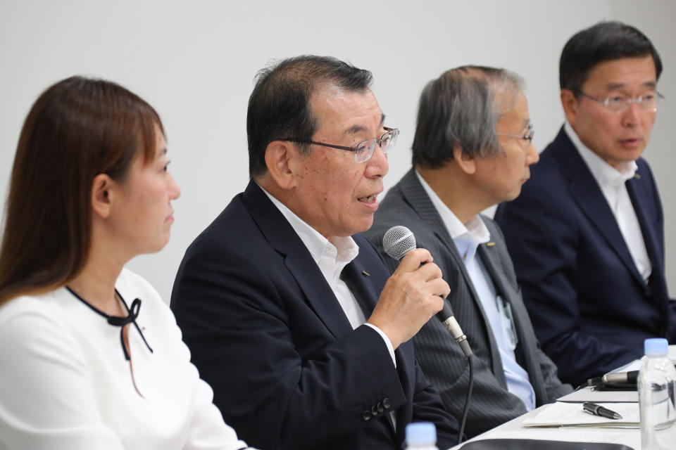 Nissan Motor Co.'s chair of the board of directors Yasushi Kimura, center left, speaks during a press conference in the automaker's headquarters in Yokohama, near Tokyo, Monday, Sept. 9, 2019. Calls for resignation, which arose after the arrest last year of his predecessor Carlos Ghosn on various financial misconduct allegations, have grown louder after Nissan Chief Executive Hiroto Saikawa acknowledged last week that he had received dubious payments. The automaker's board is meeting Monday to look into the allegations against Saikawa. Other independent outside directors from Keiko Ihara, Masakazu Toyoda and Motoo Nagai. (AP Photo/Koji Sasahara)