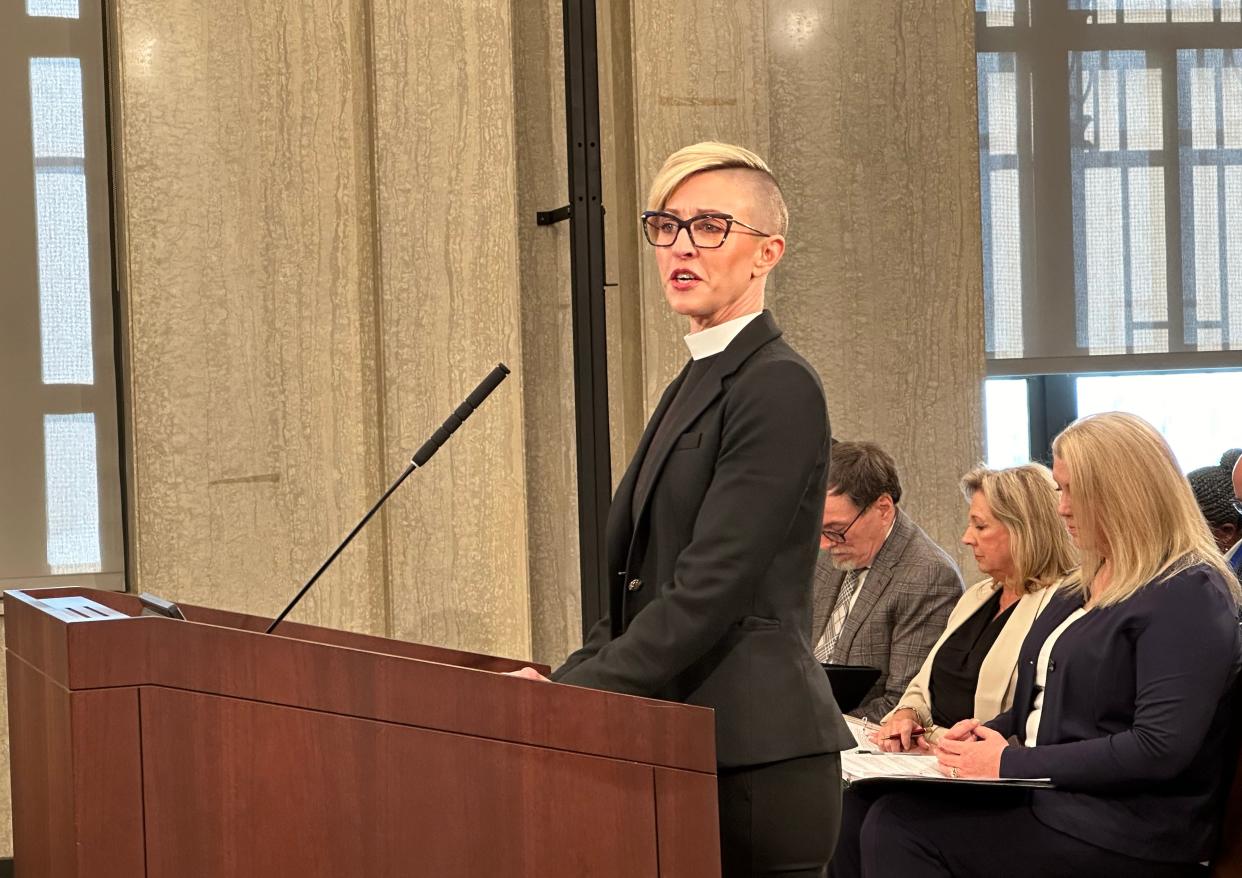 The Rev. Katie Churchwell, dean of St. Paul's Episcopal Cathedral, speaks Tuesday to the Oklahoma City Council in support of a temporary cold shelter for the homeless.
