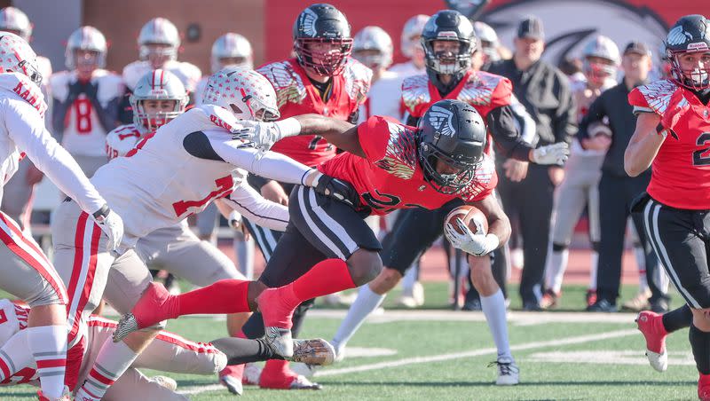 Layton Christian’s Ilai Tagidugu runs against Kanab during the 1A state football championship game at Utah Tech in St. George, Utah, on Friday, November 11, 2022. With Layton Christian now in 2A, Kanab is hoping to make another run at the 1A title in 2023.