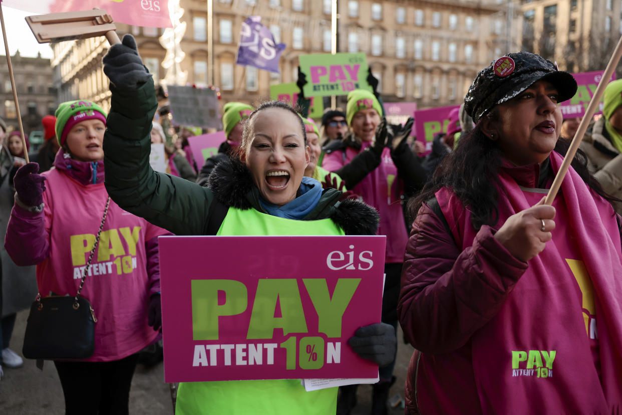 GLASGOW, SCOTLAND - JANUARY 16: Striking school teachers gather outside the Glasgow City Chambers for a rally following picketing outside schools on January 16, 2023 in Glasgow, Scotland. The EIS has also organised 16 consecutive days of action starting from Monday 16 January, that will see teachers strike across Scotland in a staggered fashion. (Photo by Jeff J Mitchell/Getty Images) (Photo by Jeff J Mitchell/Getty Images)