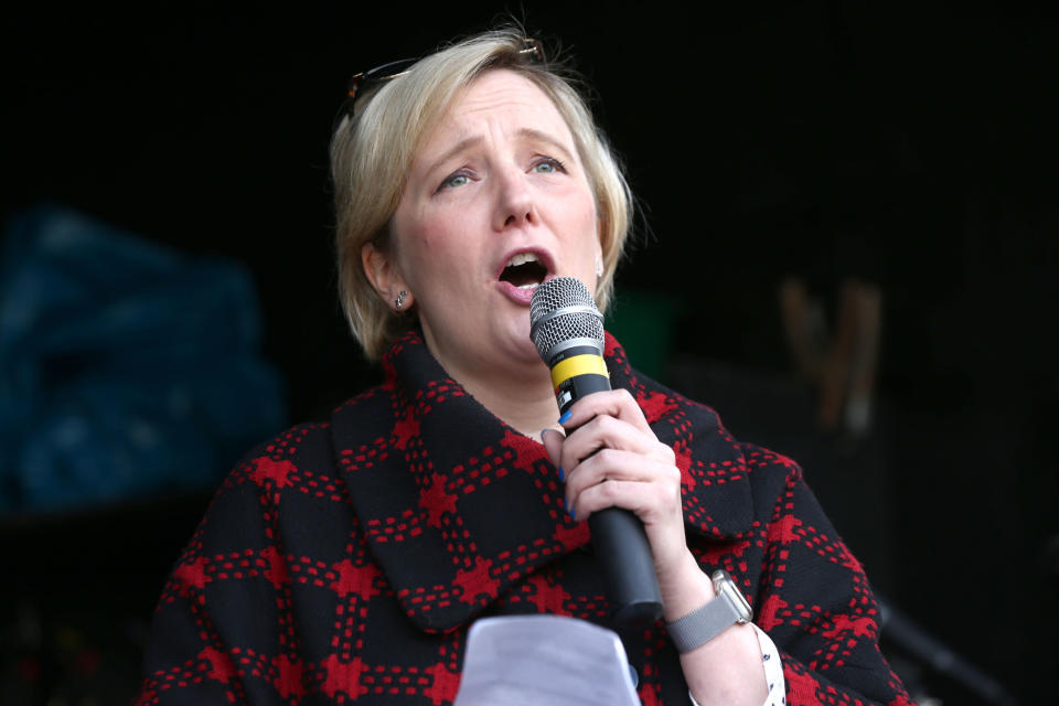 Stella Creasy MP speaks during the 'Wooferendum March' in central London where dog owners and their pets have gathered to demand a new Brexit referendum.