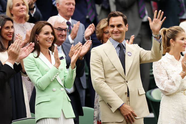 <p>Clive Brunskill/Getty Images</p> Kate Middleton and Roger Federer watch Wimbledon on July 4.