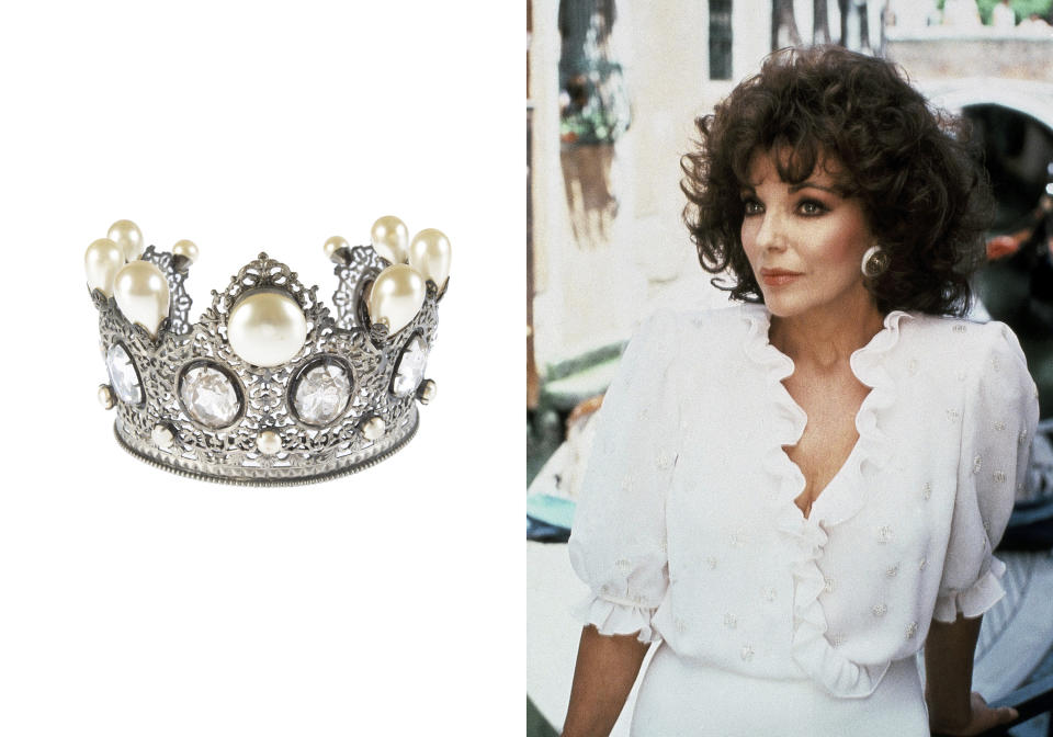 This combination of photos shows a tiara designed by Joseff of Hollywood and worn by Joan Collins in an episode of "Dynasty," and a portrait of Collins in New York in 1984. The tiara is among hundreds of Hollywood memorabilia going up for action July 15 through July 17 at Julien’s Auctions. (Juliens's Auctions via AP, left, and AP Photo/Richard Drew)