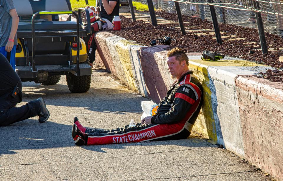 Jeremy Miller relaxes during the Big 8 Late Model race at the NSTC showdown on Sunday, Oct. 1, 2023, in Loves Park at the Rockford Speedway.