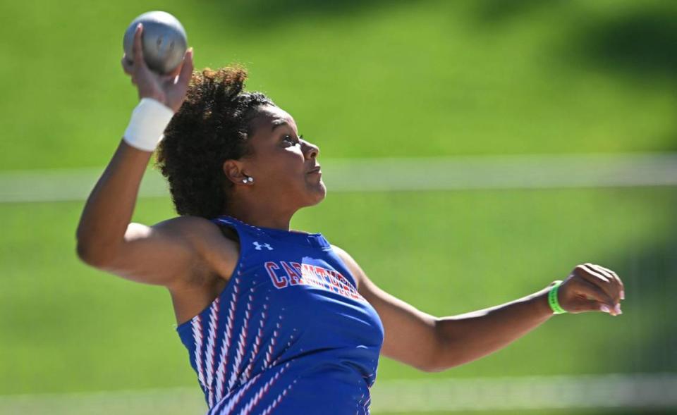 Caruthers’ Nailea Fields in the shot put at the CIF Central Section Masters track and field meet, held at Veterans Memorial Stadium Saturday, May 20, 2023 in Clovis.
