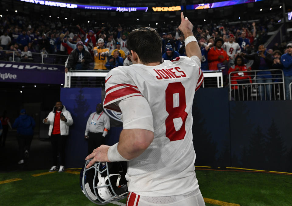 MINNEAPOLIS, MINNESOTA - JANUARY 15: Daniel Jones #8 of the New York Giants is seen after defeating the Minnesota Vikings in the NFC Wild Card playoff game at U.S. Bank Stadium on January 15, 2023 in Minneapolis, Minnesota. (Photo by Stephen Maturen/Getty Images)