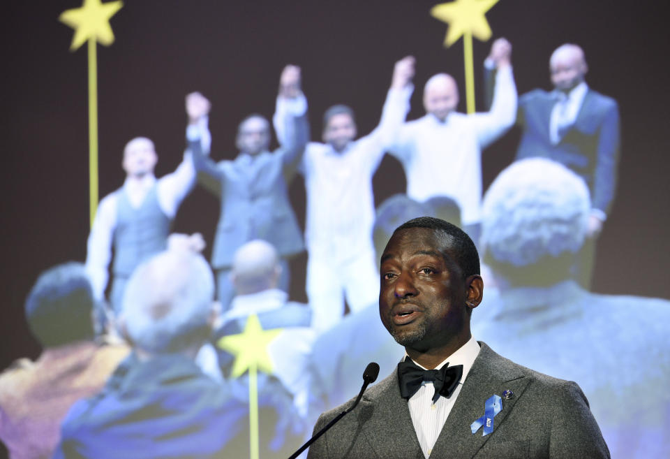 Honoree Yusef Salaam, one of five Harlem teenagers who was wrongly convicted of assaulting and raping a female jogger in New York City's Central Park in 1989, addresses the audience at the ACLU SoCal's 25th Annual Luncheon at the JW Marriott at LA Live, Friday, June 7, 2019, in Los Angeles. (Photo by Chris Pizzello/Invision/AP)