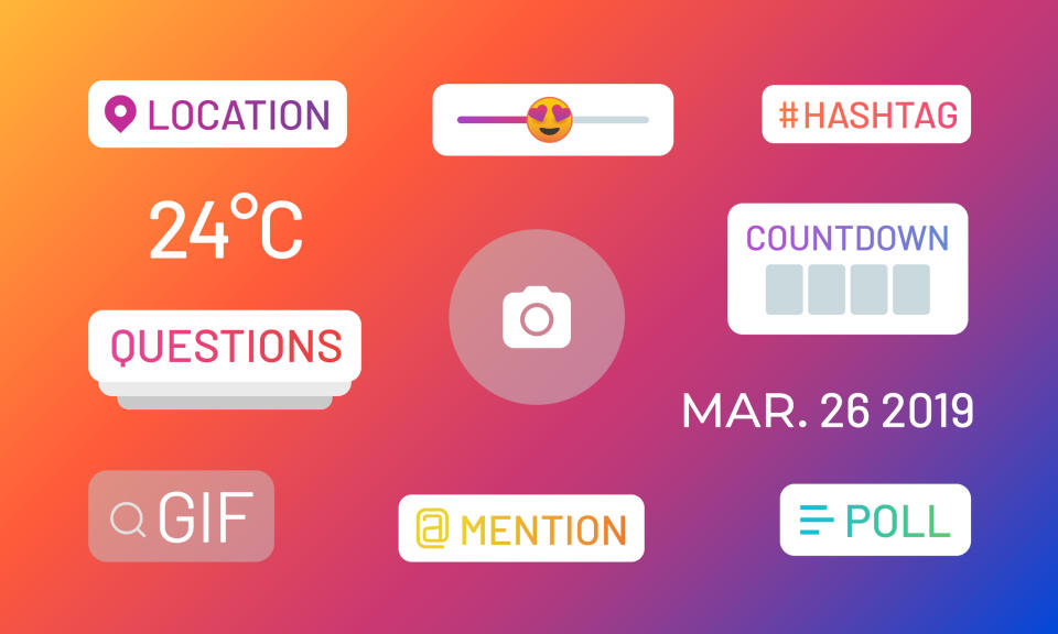 Instagram stories polls. Social media icons and functional stickers, hashtag location mention poll slider. Vector stories popular UI elements (Instagram stories polls. Social media icons and functional stickers, hashtag location mention poll slider. V
