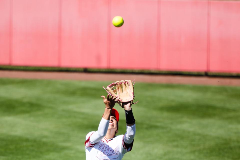 Utah infielder Aliya Belarde (23) prepares to catch a ball during an NCAA softball game between Utah and UCLA at Dumke Family Softball Stadium in Salt Lake City on April 29, 2023. | Ryan Sun, Deseret News