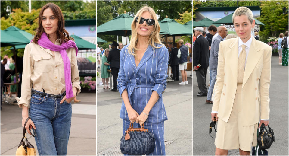 (L-R) Alexa Chung, Sienna Miller and Emma Corrin on day seven of Wimbledon 2023. (Getty Images)