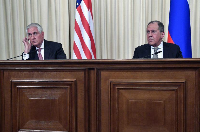 Russian Foreign Minister Sergei Lavrov (R) and US Secretary of State Rex Tillerson take part in a press conference after a meeting in Moscow on April 12, 2017: Getty