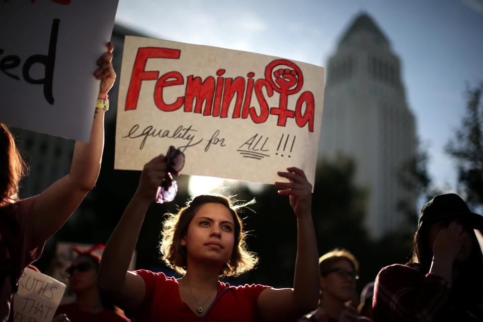 Mary Arevalo, 29, participates in the International Women's Day "A Day Without a Woman" anti-Trump protest in Los Angeles, March 8, 2017.