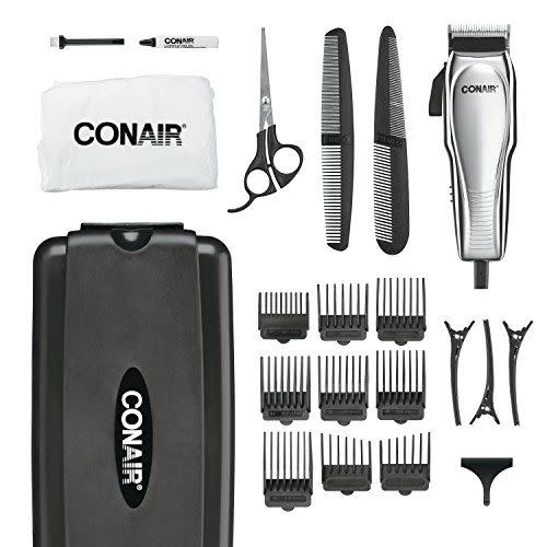 <p><strong>Conair</strong></p><p>amazon.com</p><p><strong>$22.99</strong></p><p><a href="https://www.amazon.com/dp/B0019734YM?tag=syn-yahoo-20&ascsubtag=%5Bartid%7C10054.g.38264849%5Bsrc%7Cyahoo-us" rel="nofollow noopener" target="_blank" data-ylk="slk:Shop Now;elm:context_link;itc:0;sec:content-canvas" class="link ">Shop Now</a></p><p>The name to know in hairdryers in Conair. So, it should come as no surprise that the brand also offers a variety of other hair maintenance-products, like this 21-piece kit that features a clipper with taper control and a DC motor, nine guards, scissors, a comb, a cape, clips, a cleaning brush, and more. It basically has everything but the barber, because the barber is you. </p>