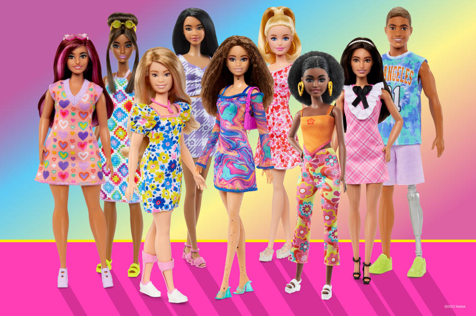 2023 Barbie Fashionistas lineup includes a doll with Down Syndrome (third from left), which debuted earlier this year. (Credit: Mattel, Inc.) 