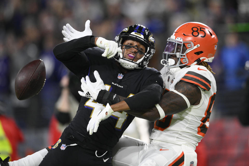 Baltimore Ravens cornerback Marlon Humphrey (44) breaks up a pass intended for Cleveland Browns tight end David Njoku (85) during the first half of an NFL football game, Sunday, Nov. 28, 2021, in Baltimore. (AP Photo/Nick Wass)